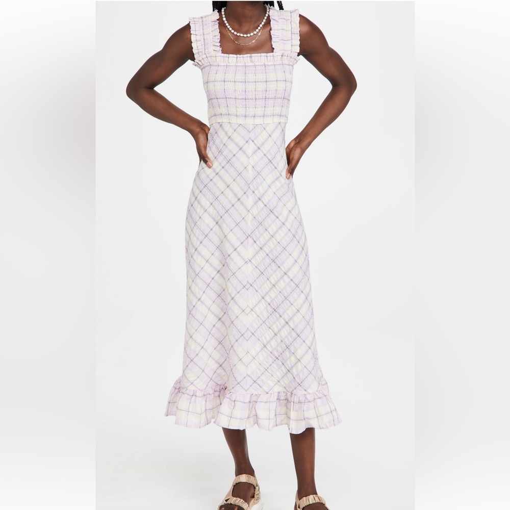 GANNI Seersucker Smocked Check Dress